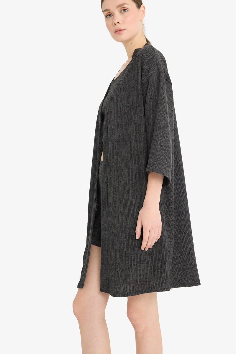 DeFacto Grey Woman Relax Fit Crinkle Long Cardigan Casual - Image 3